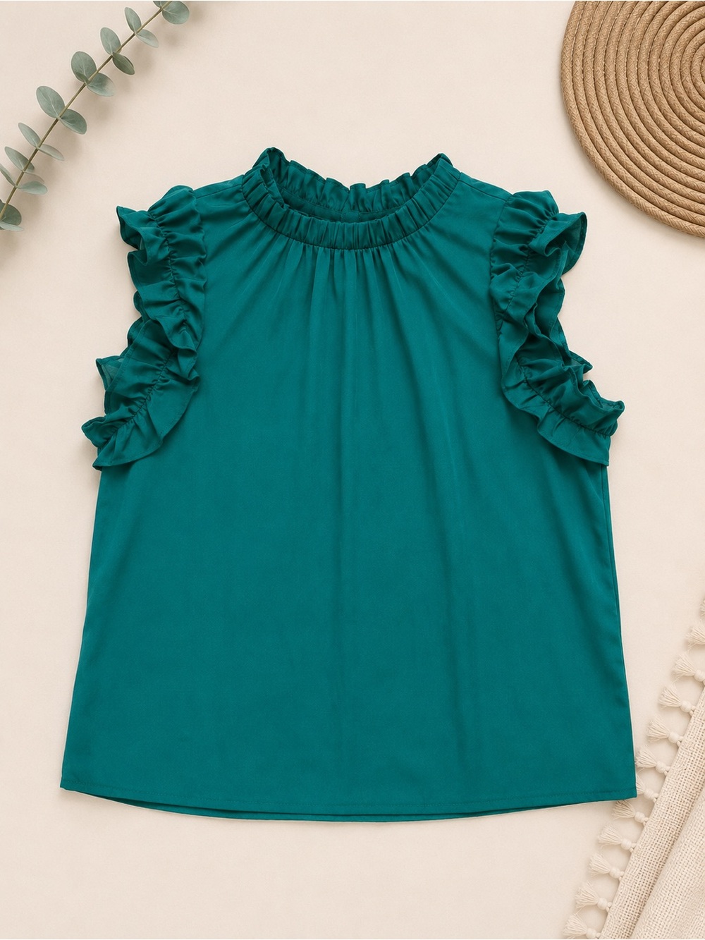 Ruffled Mock Neck Sleeveless Top Green
